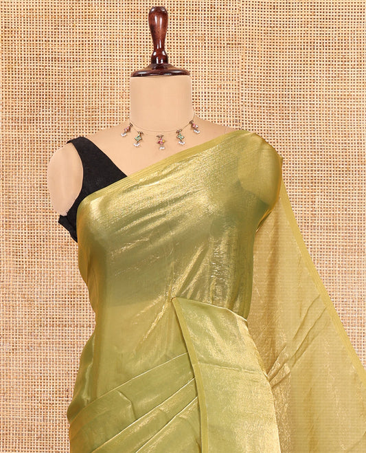 Borderless Elachi Green Plain Fendi Chiffon Saree, a Self-Pallu, and a Matching Peacock Embroidered Blouse