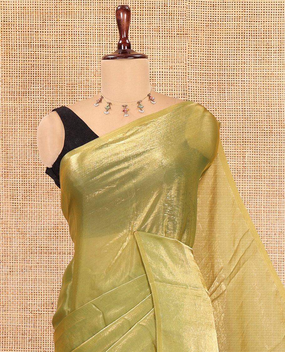 Borderless Elachi Green Plain Fendi Chiffon Saree, a Self-Pallu, and a Matching Peacock Embroidered Blouse