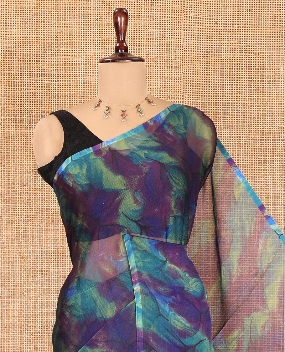 Borderless Blue Rangoli Chiffon Saree, Accentuated with All-Over Abstract Print, and Comes Without Blouse