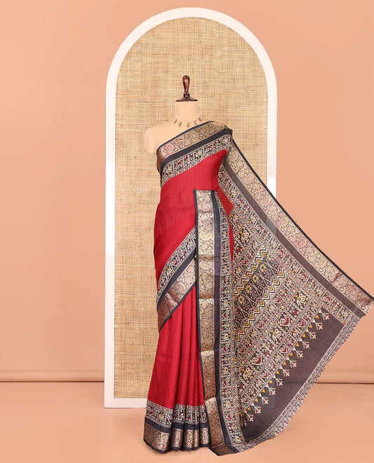 Maroon Embossed Moss Chiffon Saree, Complemented by a Contrast Traditional Zari Patola Printed Border, Patola Pallu, and a Contrast Blouse