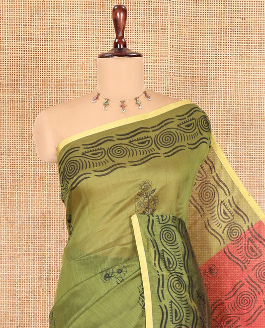 Olive Green Khadi Cotton Saree, Bedecked with Flower Motifs, Printed Border, Contrast-Printed Pallu, and a Contrast Blouse