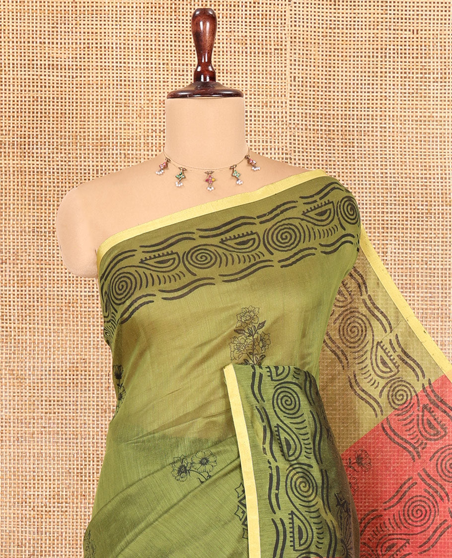 Olive Green Khadi Cotton Saree, Bedecked with Flower Motifs, Printed Border, Contrast-Printed Pallu, and a Contrast Blouse