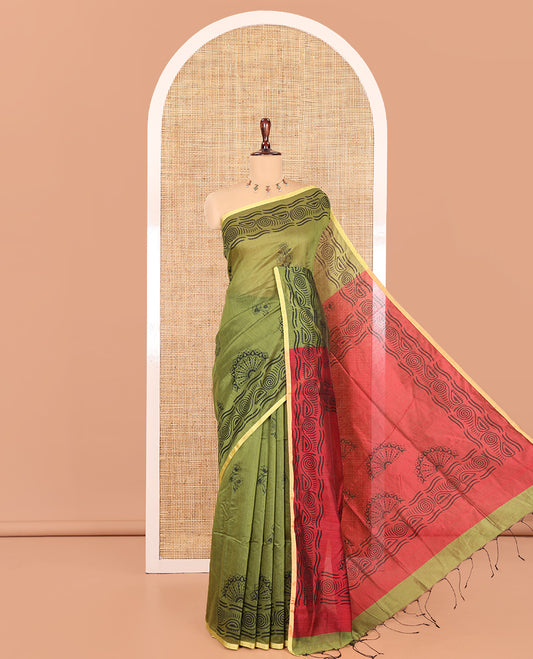 Olive Green Khadi Cotton Saree, Bedecked with Flower Motifs, Printed Border, Contrast-Printed Pallu, and a Contrast Blouse
