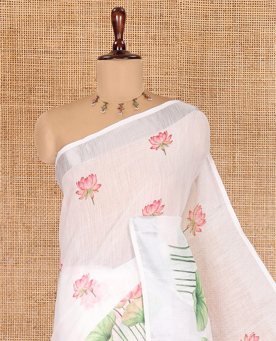 White-Yellow Linen Cotton Saree, Prettified with Sunflower Print, a Contrast Border, and a Contrast Blouse