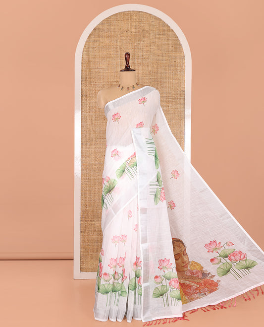 White-Yellow Linen Cotton Saree, Prettified with Sunflower Print, a Contrast Border, and a Contrast Blouse