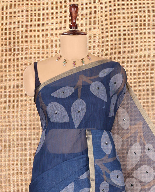 Navy Blue Linen Cotton Saree Features Leaf Print and Mirrorwork, a Piping Border, Contrast Pallu, and a Matching Blouse