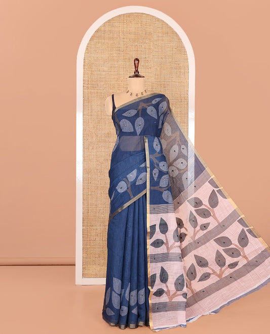 Navy Blue Linen Cotton Saree Features Leaf Print and Mirrorwork, a Piping Border, Contrast Pallu, and a Matching Blouse