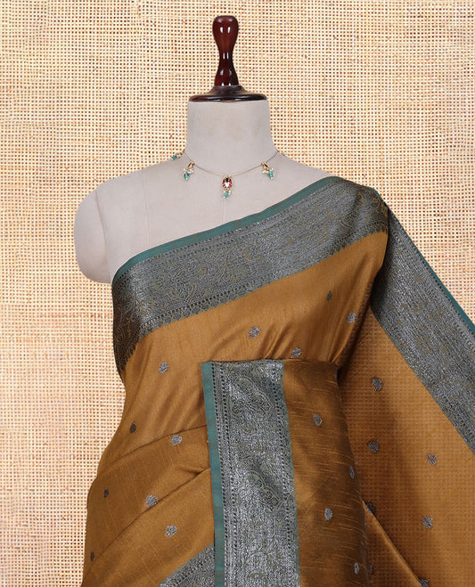 Mustard Semi-Raw Silk Saree Features Thread Buttas, Contrast Intricate Border, Striped Pallu, and a Contrast Blouse