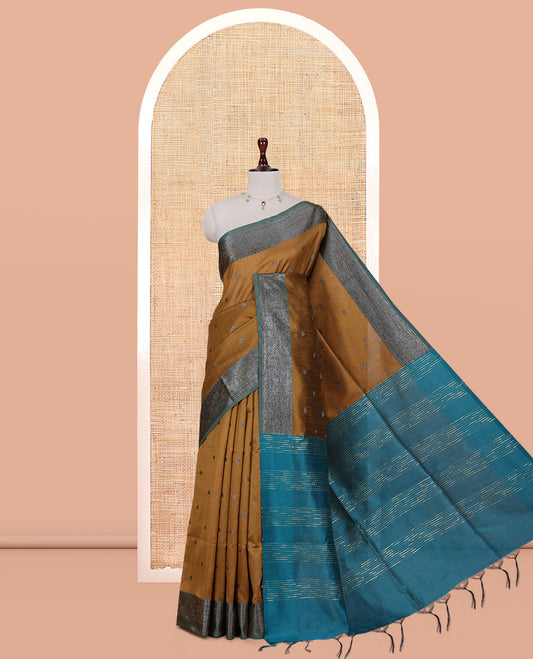 Mustard Semi-Raw Silk Saree Features Thread Buttas, Contrast Intricate Border, Striped Pallu, and a Contrast Blouse