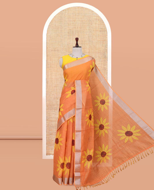 Orange Linen Cotton Saree, Beautified with Sunflower Print, a Zari Border, and a Matching Blouse