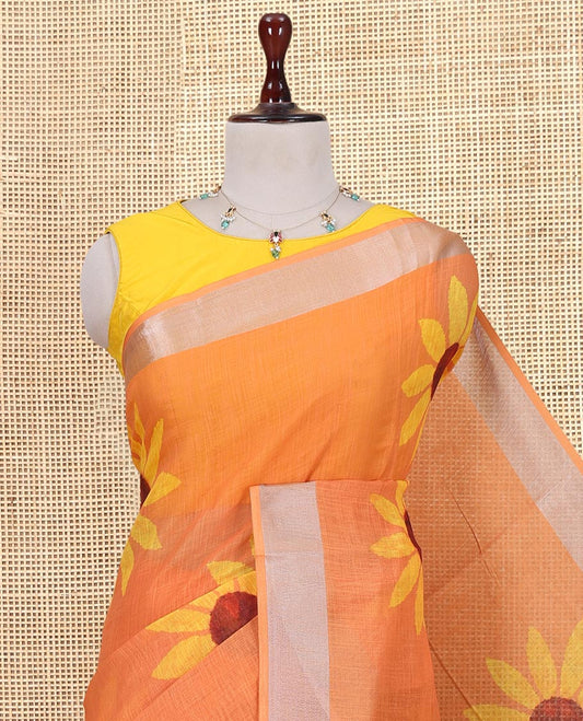 Orange Linen Cotton Saree, Beautified with Sunflower Print, a Zari Border, and a Matching Blouse