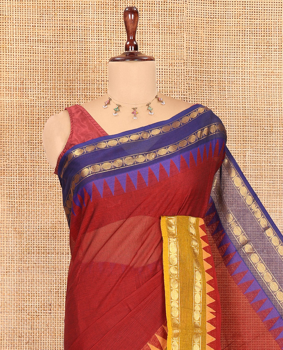 Maroon Plain Chettinad Cotton Saree, Complemented by a Contrast Rettai Pettu Rudraksham Temple Border,  Striped Pallu, and Matching Blouse