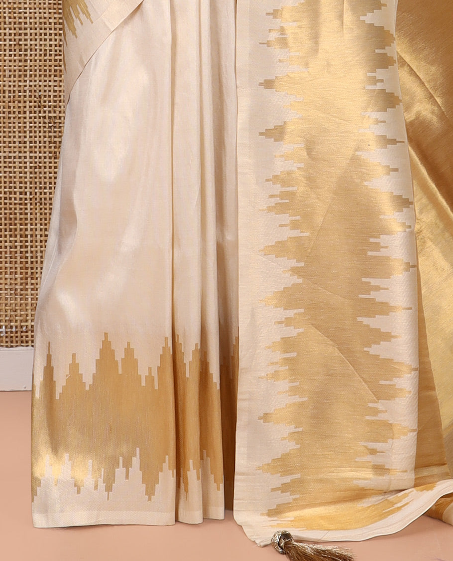 Gold Plain Tissue Silk Saree, Highlighted by Gleaming Zari Temple Border, Grand Pallu, and a Matching Blouse