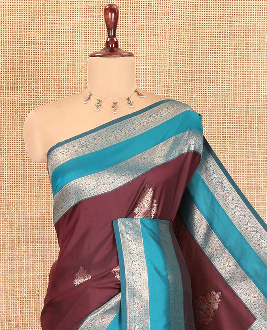 Wine Elite Soft Silksaree Features Buttas, Contrast Rettai Pettu Border, Paisley Pallu, Contrast Blouse
