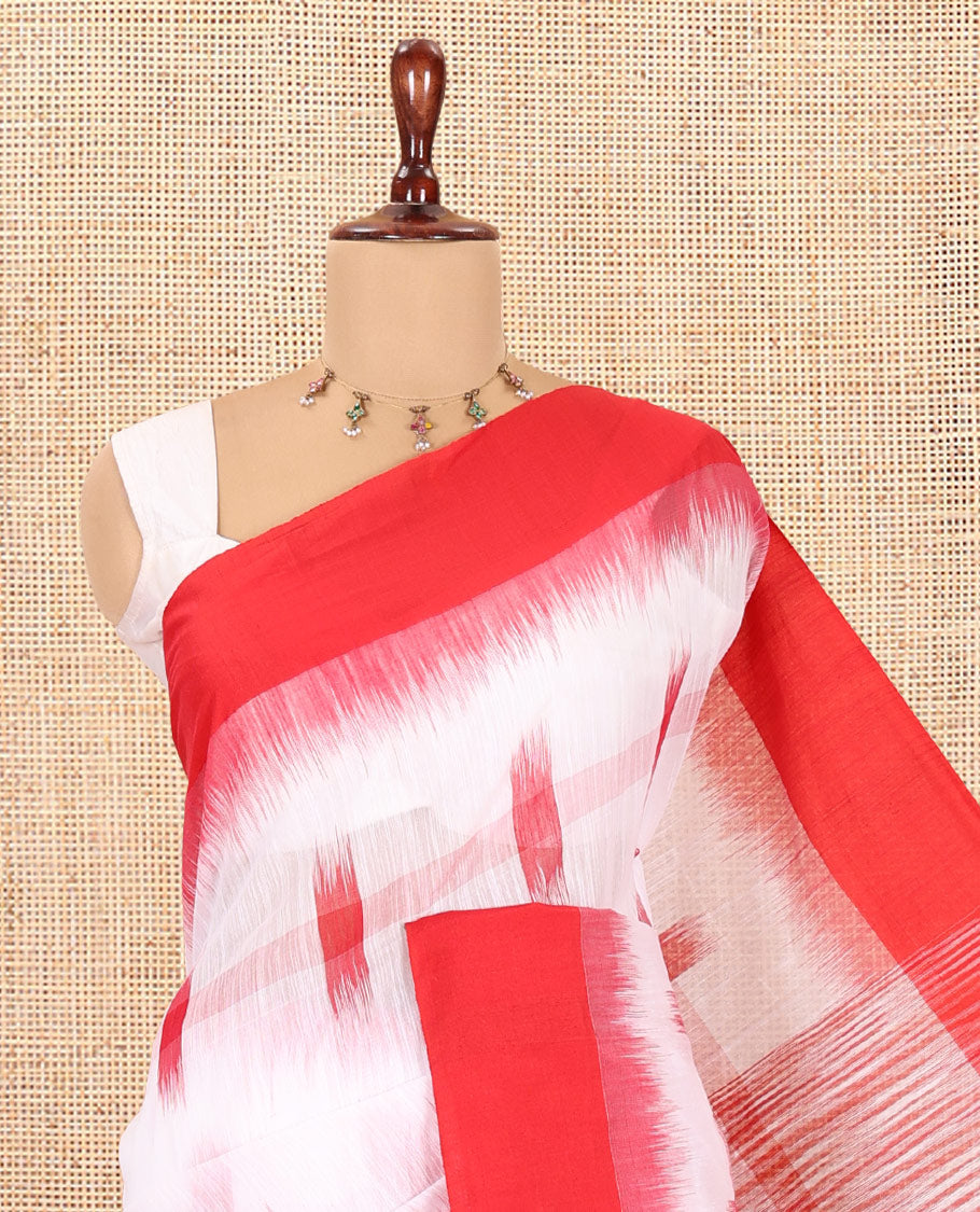 White-Red Khadi Cotton Saree, Woven with Ikat Buttas, Contrast Blouse, Ikat Pallu, Matching Blouse