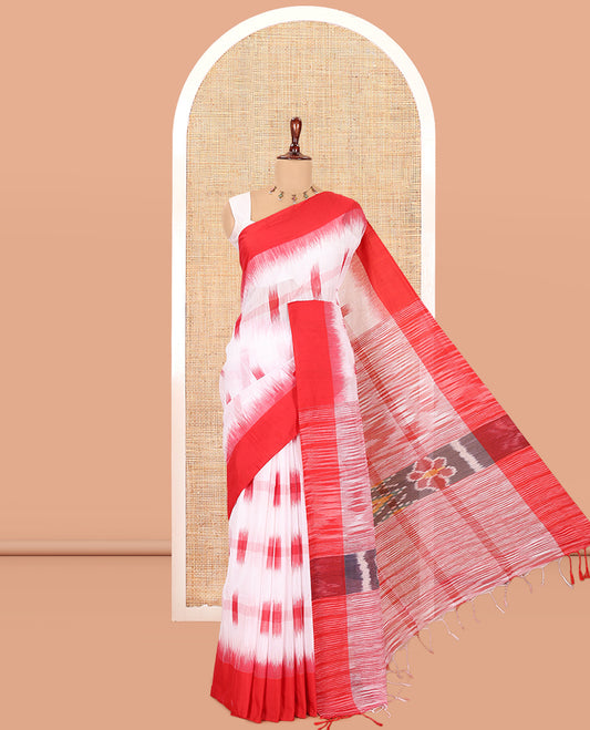 White-Red Khadi Cotton Saree, Woven with Ikat Buttas, Contrast Blouse, Ikat Pallu, Matching Blouse