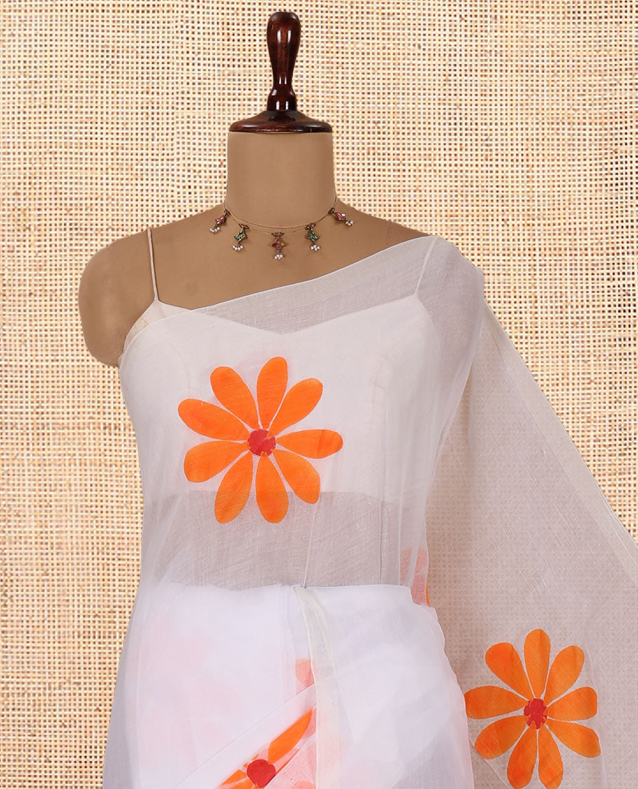 Borderless White-Orange Daisy Flower Printed Khadi Mul Cotton Saree Without Blouse