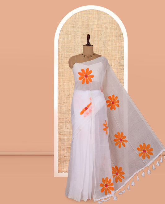 Borderless White-Orange Daisy Flower Printed Khadi Mul Cotton Saree Without Blouse