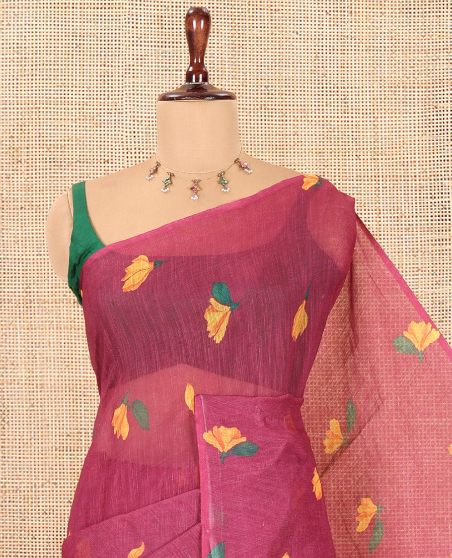 Borderless Purple Floral Motif Printed Linen Cotton Saree Comes with a Contrast Printed Blouse