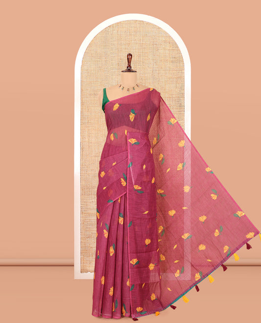 Borderless Purple Floral Motif Printed Linen Cotton Saree Comes with a Contrast Printed Blouse