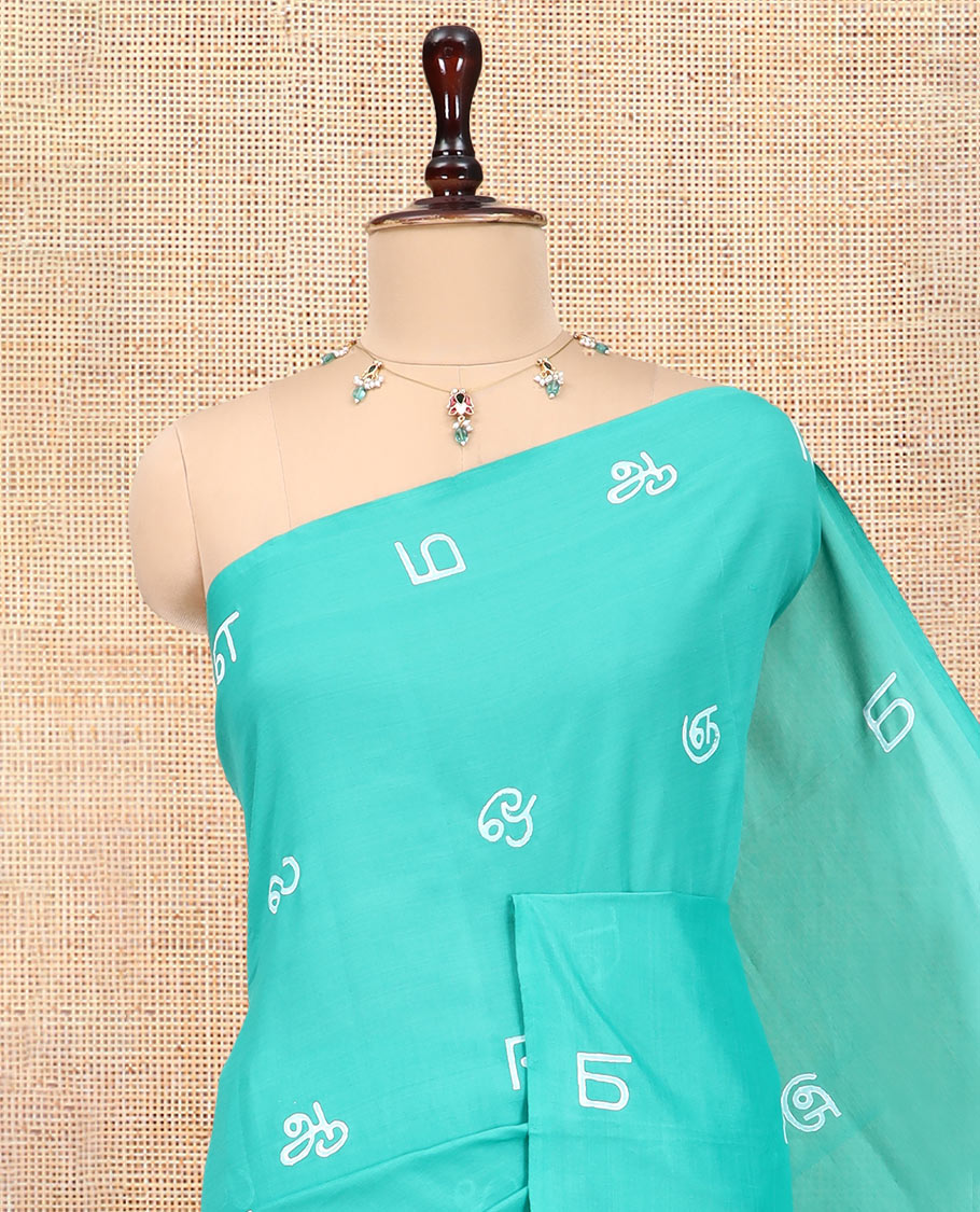 Borderless Rama Blue South Cotton Saree, Steeped with Tamil Letters Print, Has a Matching and Contrast Block Printed Blouse