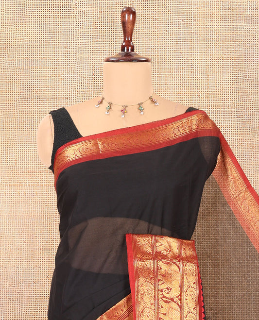 Black Plain Chettinad Cotton Saree, a Contrast Temple Elephant-Peacock Zari Border, Striped Pallu, a Matching Blouse