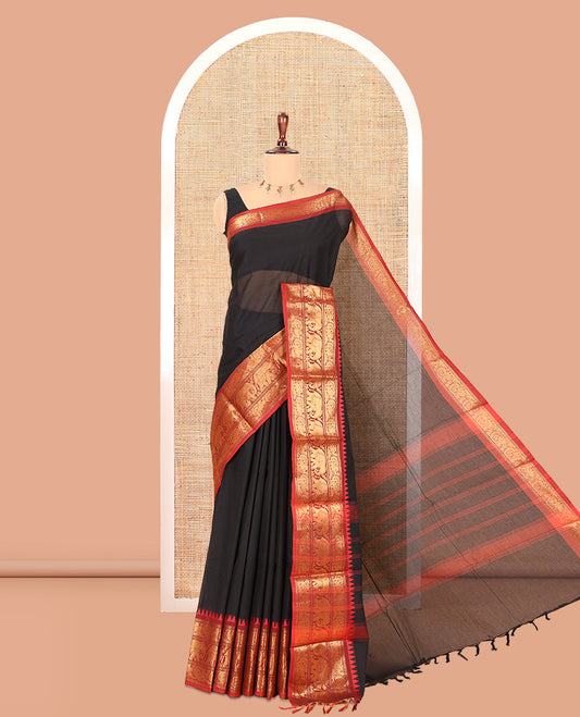 Black Plain Chettinad Cotton Saree, a Contrast Temple Elephant-Peacock Zari Border, Striped Pallu, a Matching Blouse