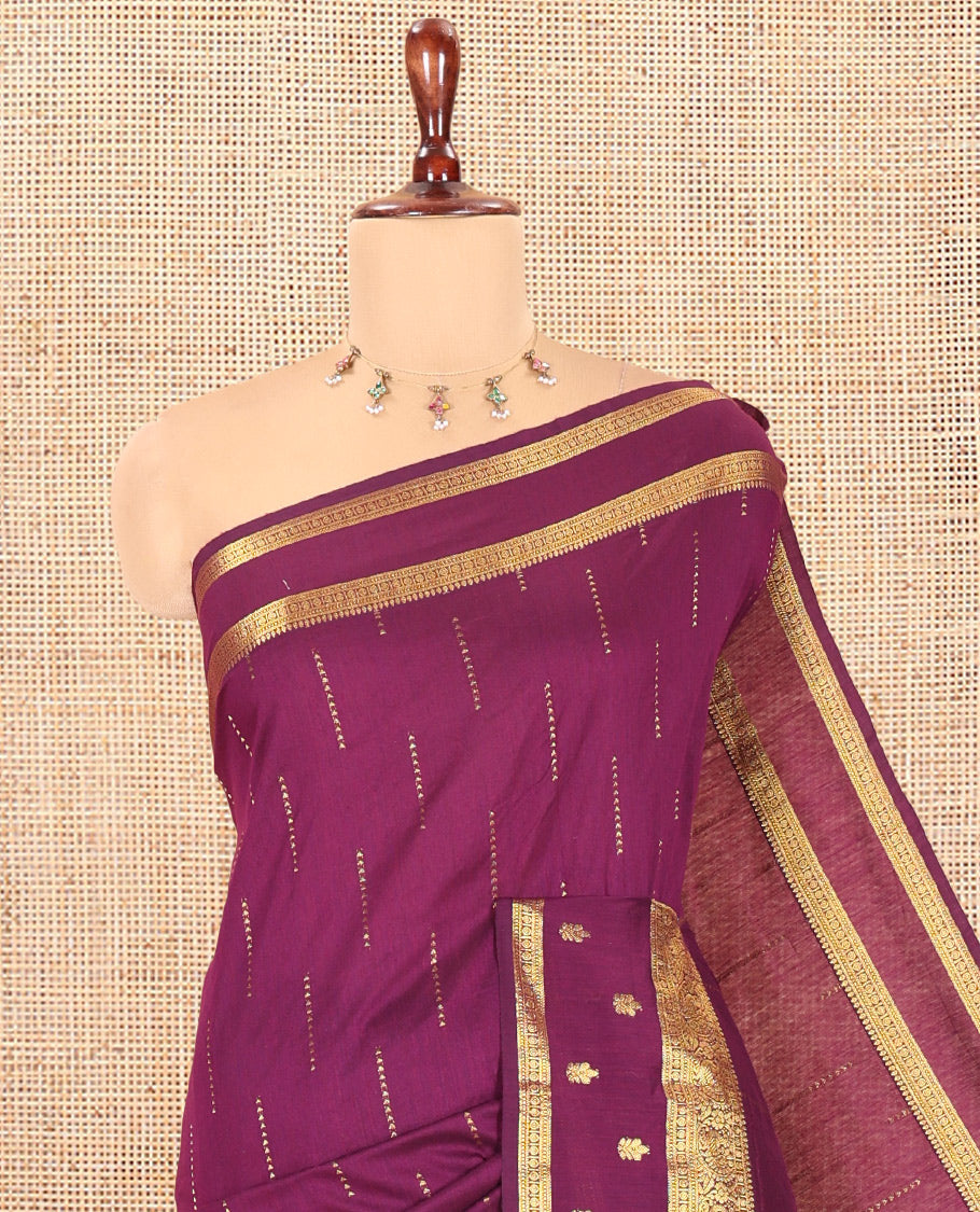 Wine Kalyani Cotton Saree, Delicately Woven with Buttas, a Traditional Zari Border, Grand Pallu, and a Matching Blouse