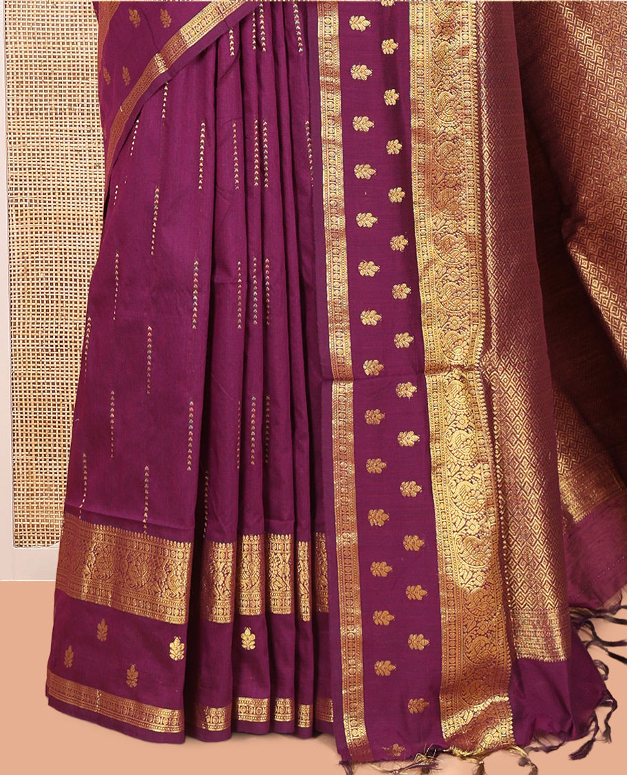 Wine Kalyani Cotton Saree, Delicately Woven with Buttas, a Traditional Zari Border, Grand Pallu, and a Matching Blouse