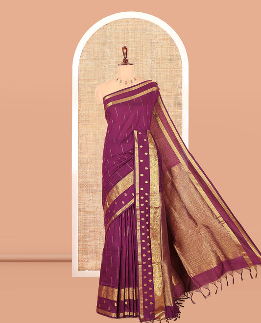 Wine Kalyani Cotton Saree, Delicately Woven with Buttas, a Traditional Zari Border, Grand Pallu, and a Matching Blouse