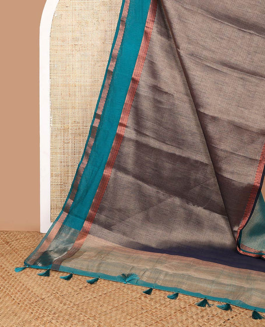 Elephant grey kicha tissue saree with contrast zari bentex border & zari pallu along with contrast blouse