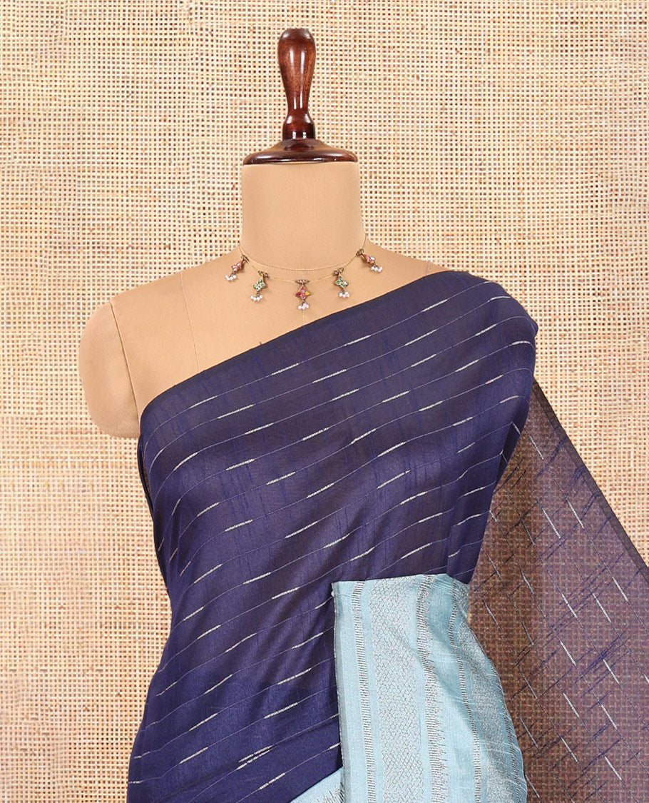 Navy Blue-Grey Semi-Raw Silk Saree, Subtly Sparkled with Thread Stripes, a Contrast Traditional Zari Border, Checked Pallu, a Contrast Blouse