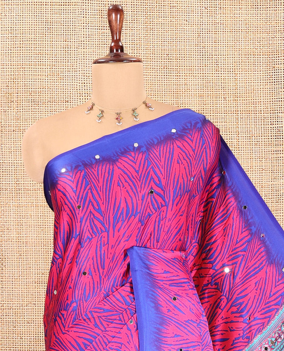 Pink Satin Crepe Saree, Decked Up with Zebra Print and Mirror Work, a Contrast Border, Paisley Printed Pallu, a Contrast Blouse