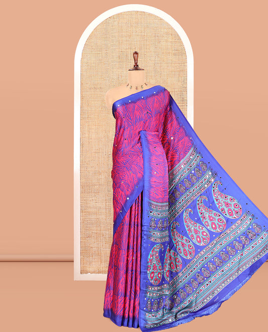 Pink Satin Crepe Saree, Decked Up with Zebra Print and Mirror Work, a Contrast Border, Paisley Printed Pallu, a Contrast Blouse