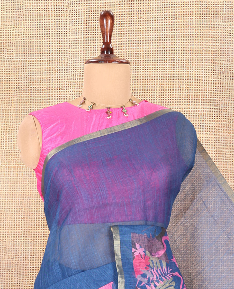 Blue Plain Linen Cotton Saree