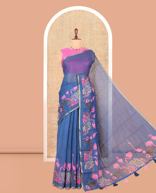 Blue Plain Linen Cotton Saree