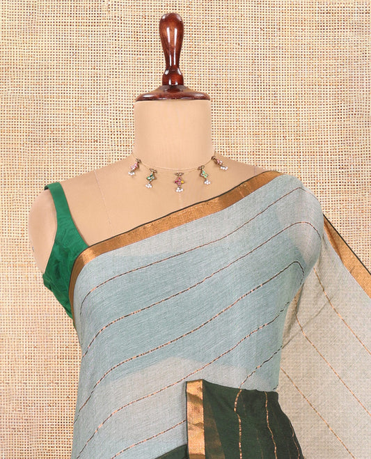 Pista Green-Bottle Green Khadi Mul Cotton Saree