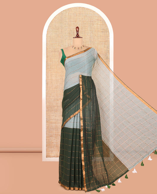 Pista Green-Bottle Green Khadi Mul Cotton Saree