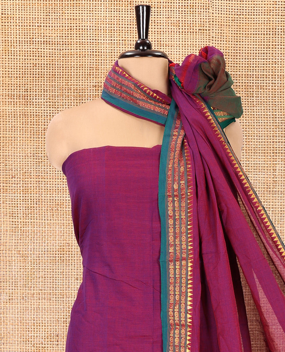 Magenta Mercerised Cotton Material Chudidar Set, Adorned with Rudraksham-Temple Bordered Top, a Mercerised Cotton Bottom, and Paired with a Matching Mercerised Cotton Rudraksham-Temple Bordered Dupatta