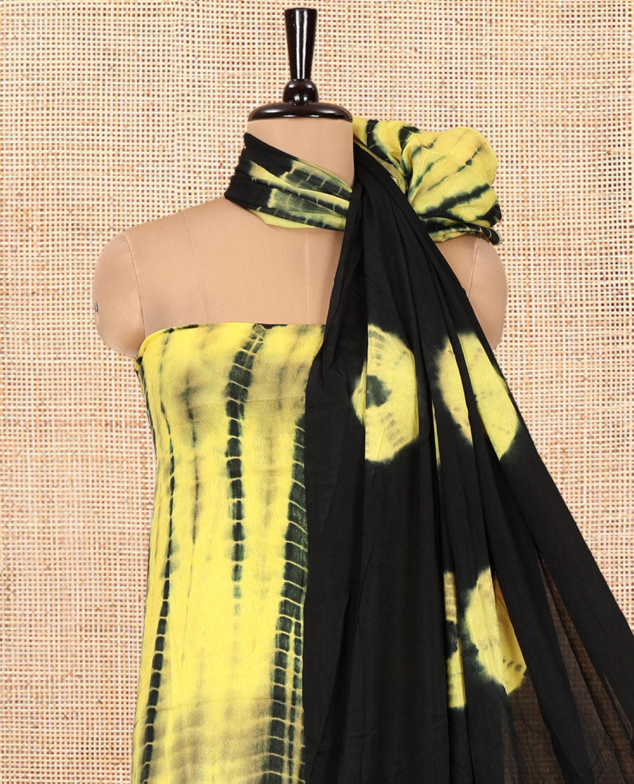 Black and Yellow Material Chudidar Set , Elevated with Shibori Printed Viscose Georgette Top, a Contrast Plain Bottom, Paired with Shibori Printed Dupatta