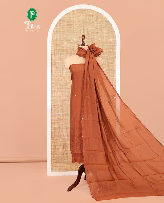 Rust Mul Chanderi Material Chudidar Set, Floral Embroidered Top, Plain Santoon Bottom, and Scallop Embroidered Dupatta