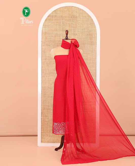 Tomato Red Material Chudidar Set, Adorned with Swarovski Stonework and Floral Fox Georgette Top, a Plain Bottom, and Stonework Dupatta