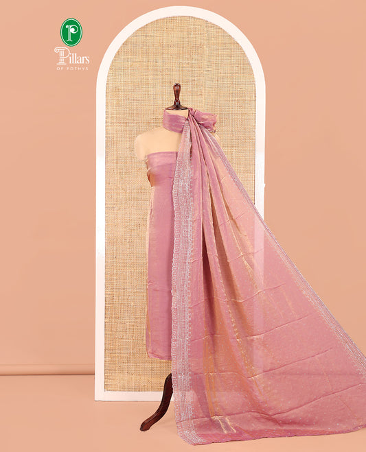 Dusky Lavender Fendi Organza Material Chudidar Fetaures Pom-Pom-Neckline Top, Plain Bottom, and Scallop Embroidered Dupatta