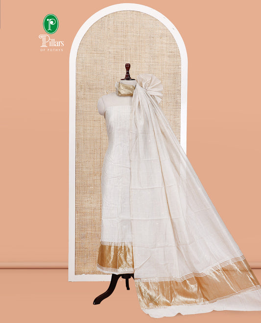 Cream Banarasi Chanderi Material Churidar Subtly Sparkled with Buttas Top, a Plain Bottom, and a Matching Dupatta