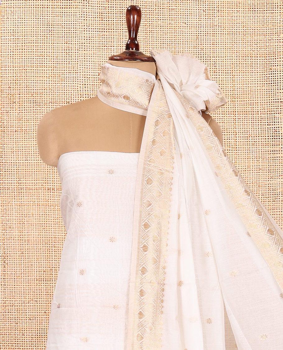 Cream Chanderi Chanderi Material Chudidar Features Buttas Top, Matching Blouse, Zari Design Dupatta