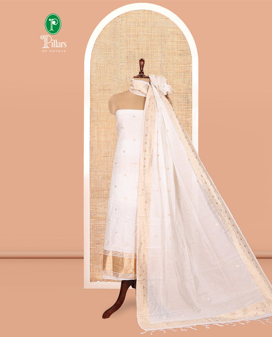 Cream Chanderi Chanderi Material Chudidar Features Buttas Top, Matching Blouse, Zari Design Dupatta