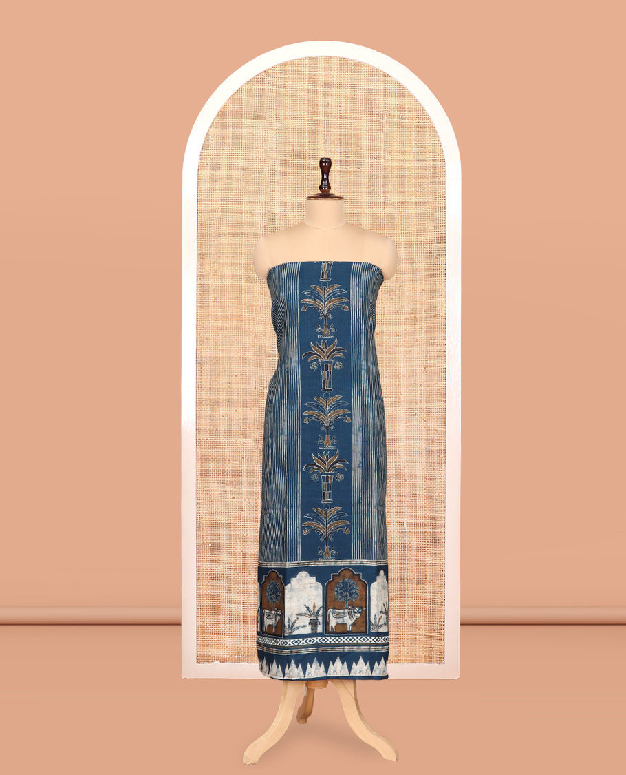 Peacock Blue Cotton Material Churidar, Mughal-Style Printed Top, a Plain Bottom, a Mughal-Style Printed Dupatta