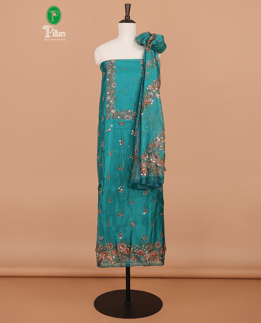 Green floral print, stone, mirror work organza chudidhar material top with santoon material pant & floral print, mirror work dupatta