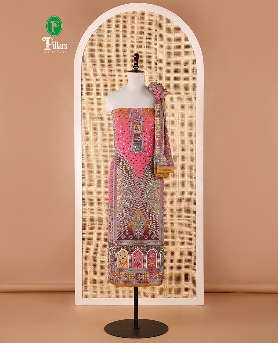 Pink chudidar material set, floral & geometric printed with mirror work crepe top, mughal-style floral printed & mirror work chinon dupatta & plain crepe bottom