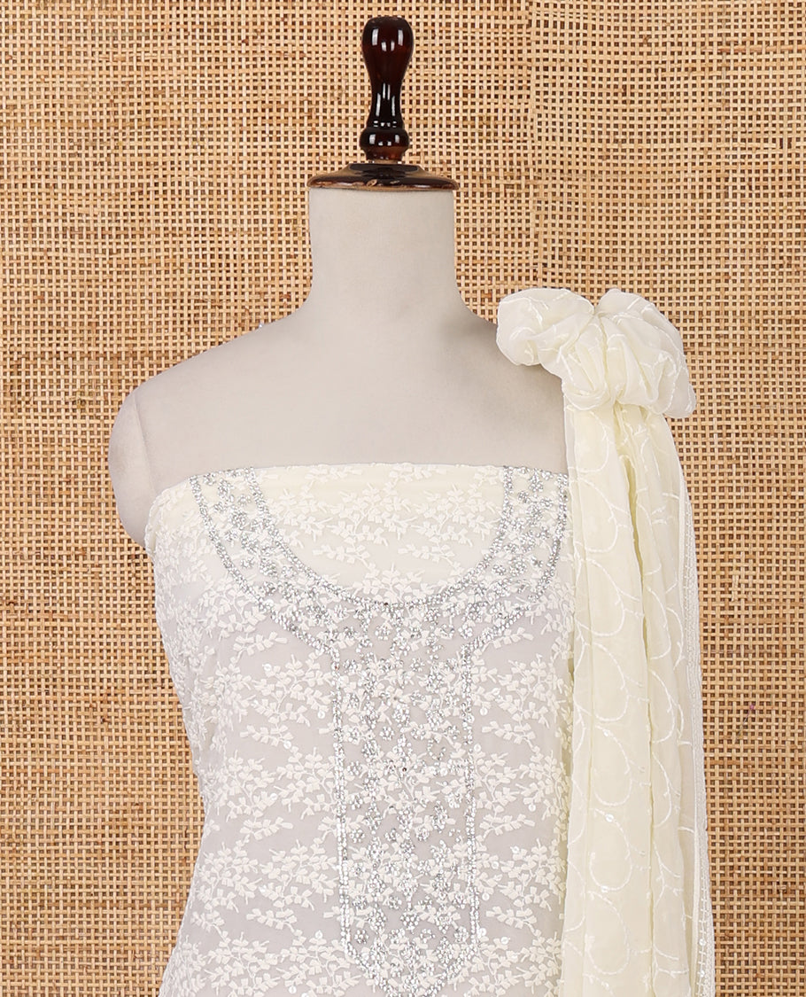 Cream chudidar material set,floral Schiffli chikankari embroidery, georgette top & vine chikankari embroidery & sequins work dupatta